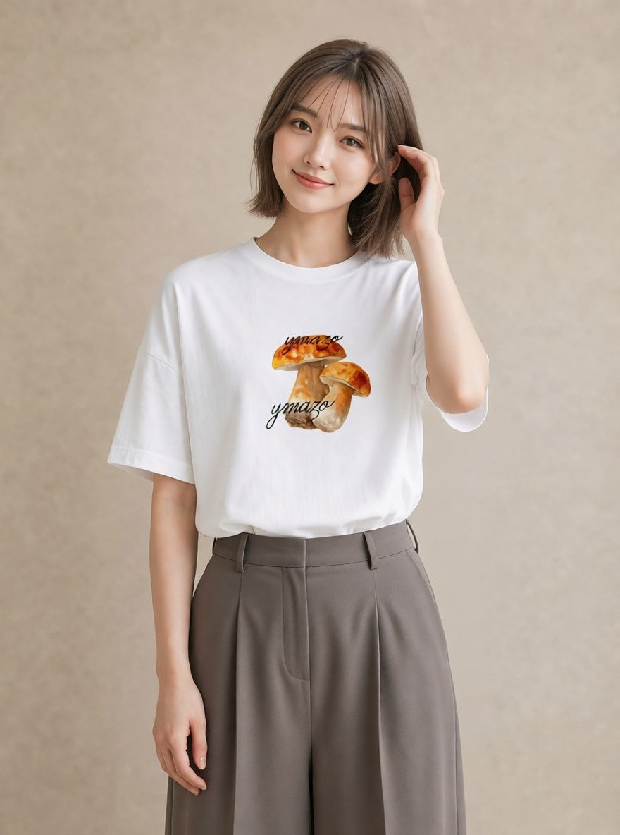 半袖Tシャツ レディース きのこ 植物 ボタニカル イラスト 休日コーデ 通勤 在宅 白T YMAZO