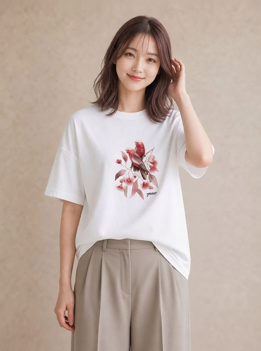 グラフィックTシャツ レディース ボタンインコ ペット 動物 イラスト 線画 母娘コーデ 自分用 白T YMAZO