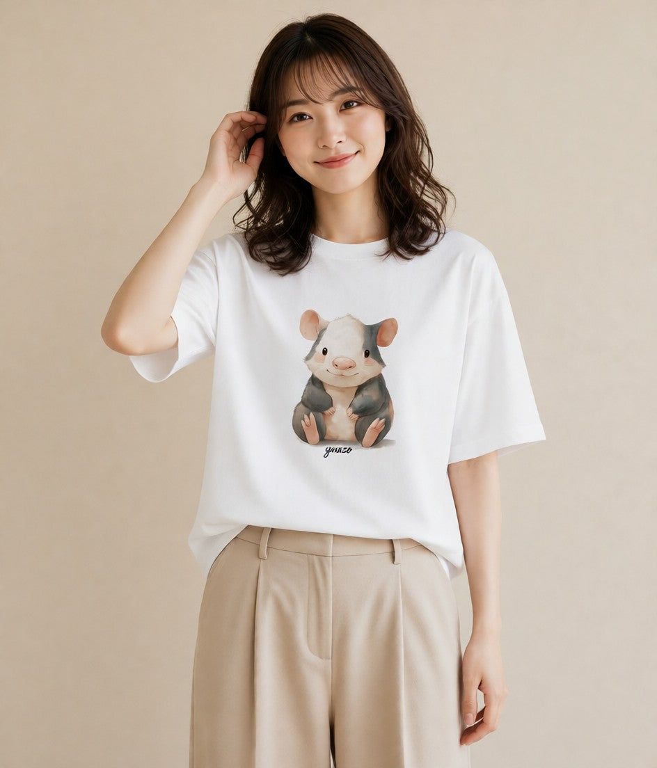 Tシャツ レディース フェレット ペット 動物 イラスト お洒落 通勤 在宅 白T YMAZO