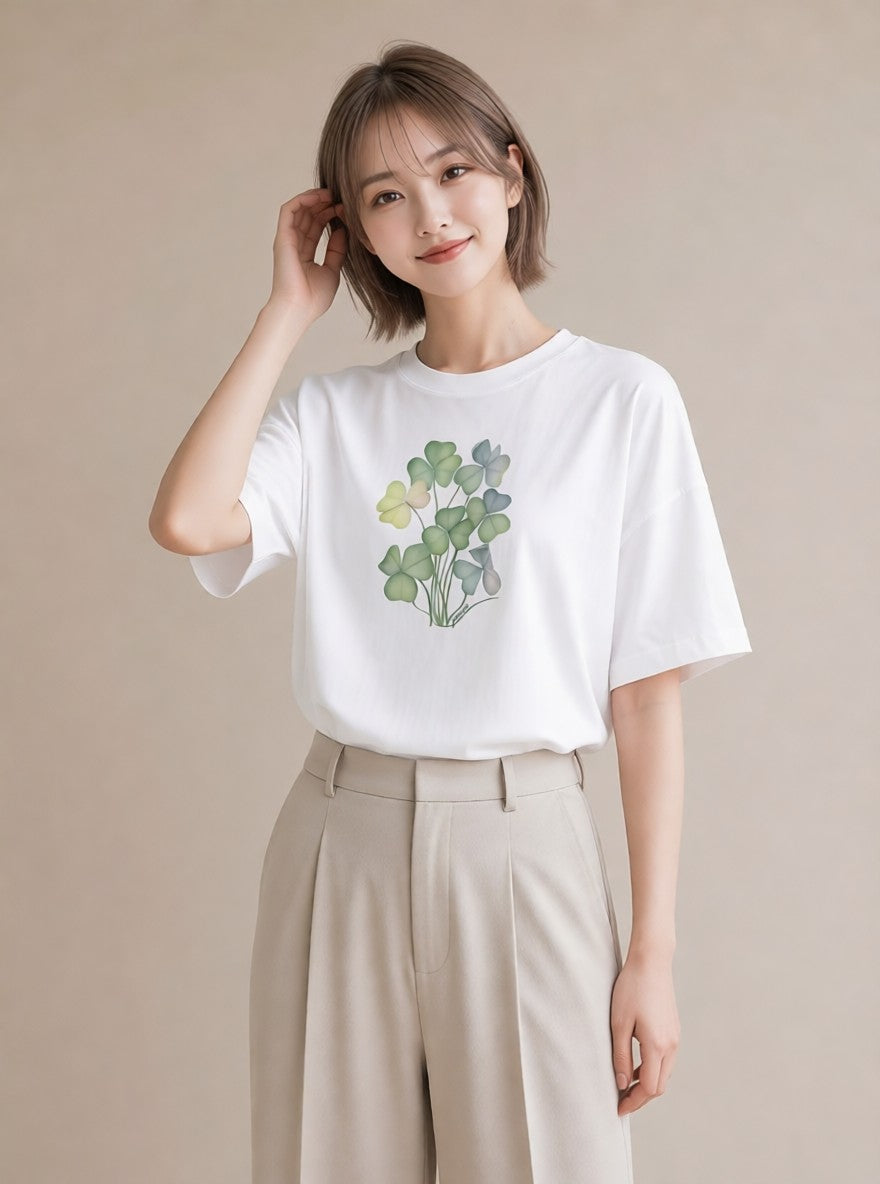 デザインTシャツ レディース クローバー 四つ葉 花 花柄 イラスト きれいめカジュアル 通勤 在宅 白T YMAZO