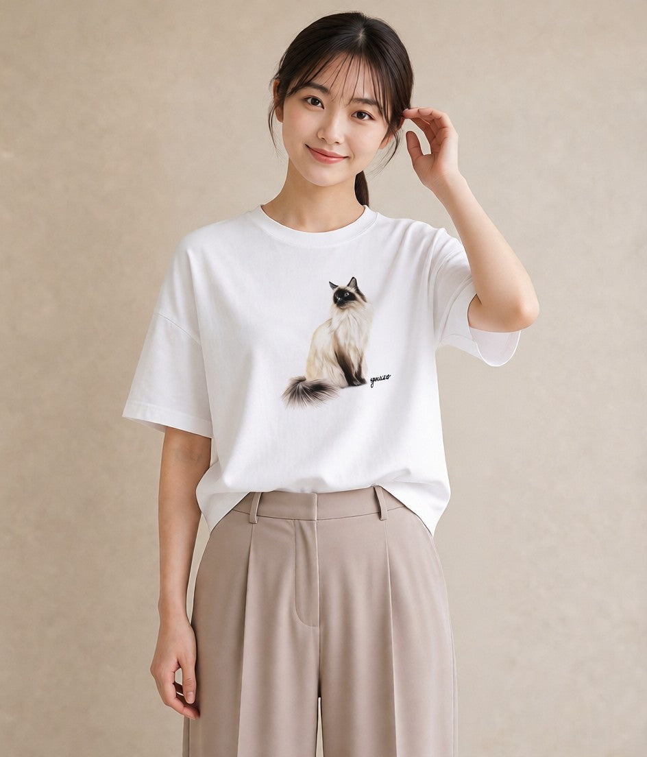 グラフィックTシャツ レディース エキゾチックショートヘア 猫 ねこ イラスト ニュアンス レイヤード 友達ギフト 白T YMAZO