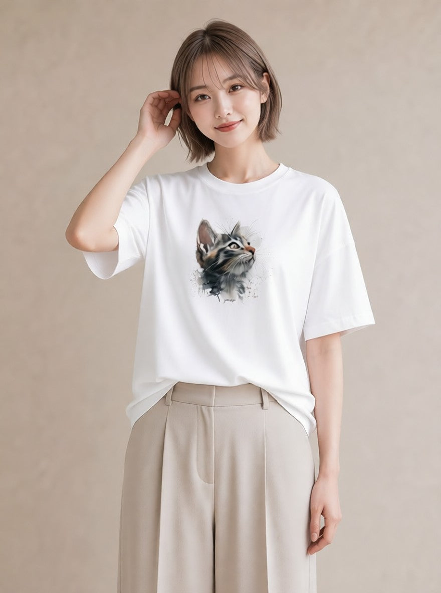 半袖Tシャツ レディース 猫 ねこ イラスト きれいめカジュアル 在宅 公園 白T YMAZO