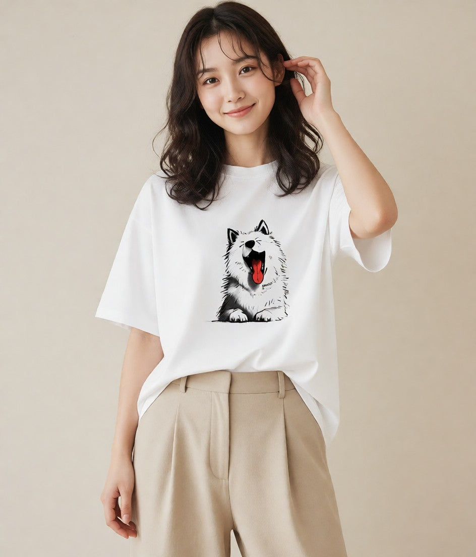 デザインTシャツ レディース サモエド 犬 いぬ イラスト カジュアル ホワイトデー 春服 白T YMAZO