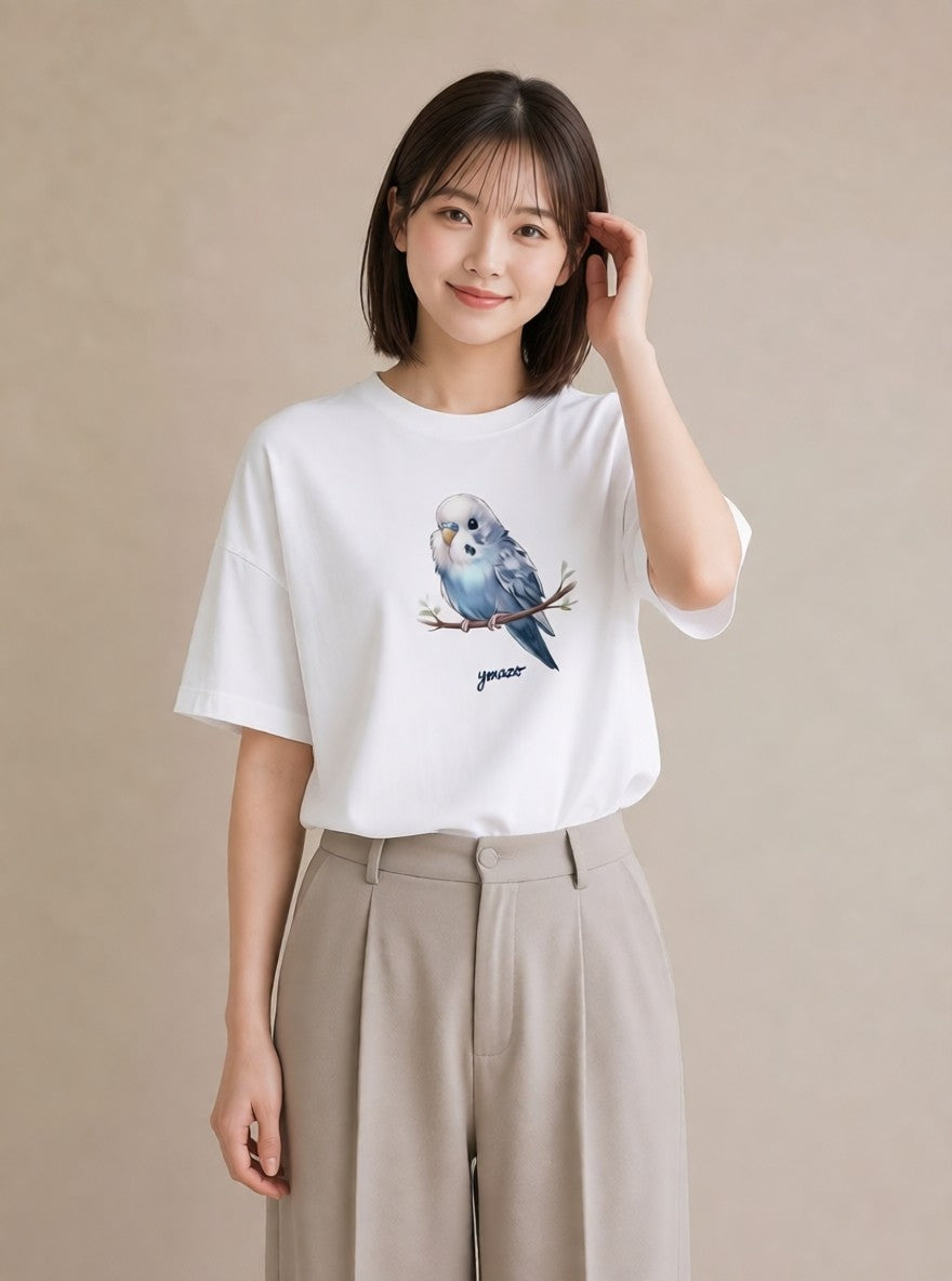 Tシャツ レディース 小鳥 ペット 動物 イラスト ボタニカル お出かけ 普段着 白T YMAZO