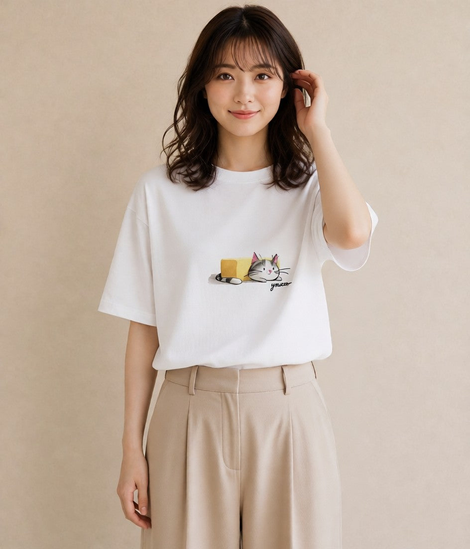 Tシャツ レディース ねこ 猫 ネコ イラスト 淡色 春コーデ 姉妹 白T YMAZO