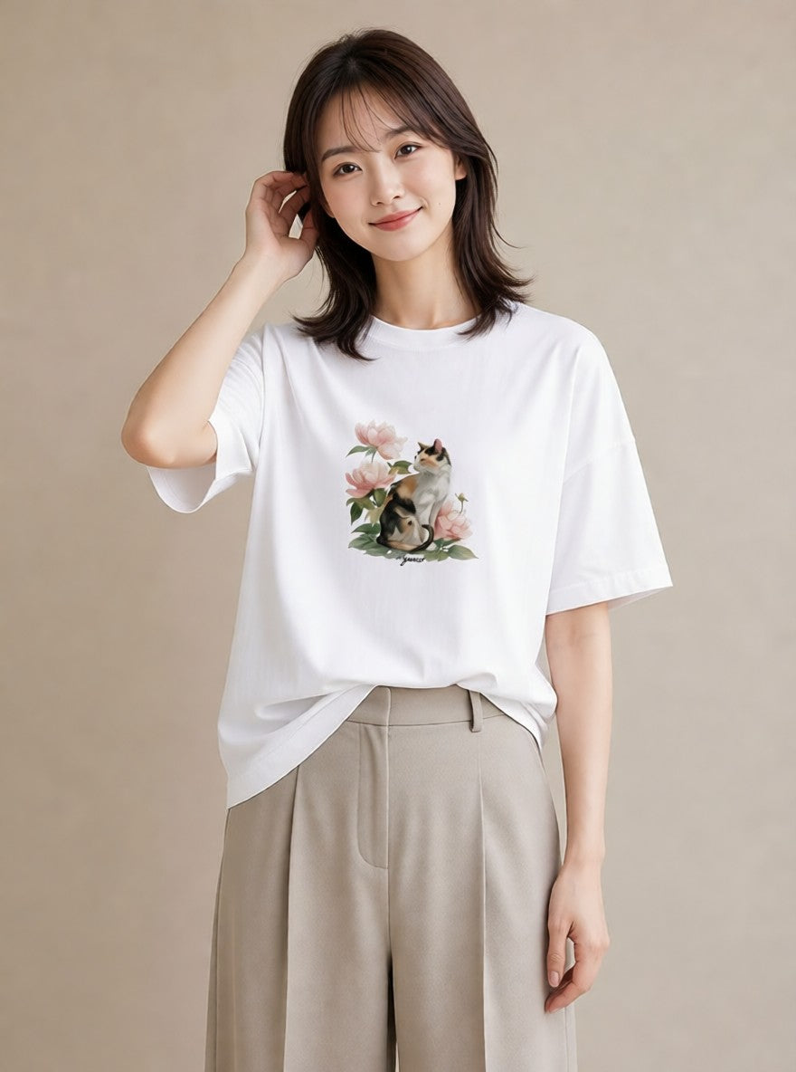 デザインTシャツ レディース 愛猫 猫 ねこ イラスト 線画 おしゃれギフト 社会人 白T YMAZO