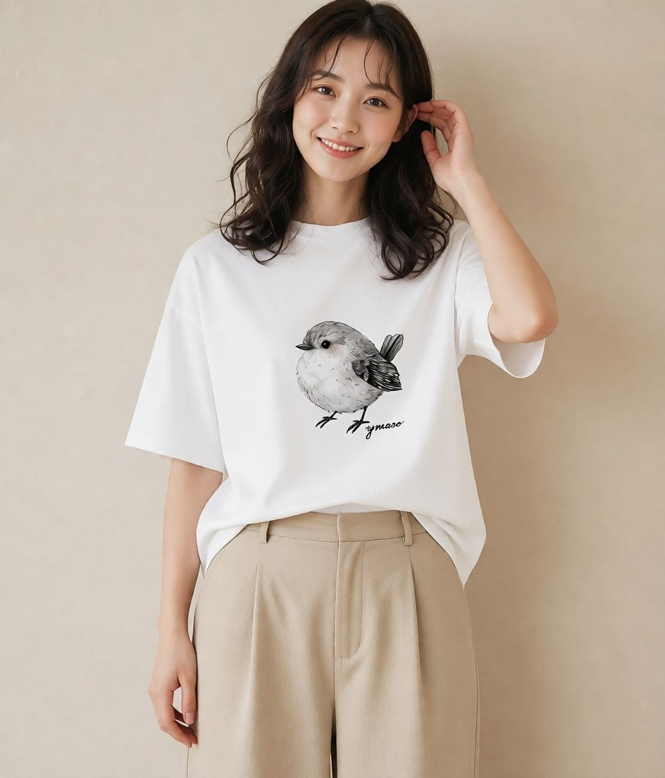 プリントTシャツ レディース 文鳥 ペット 動物 イラスト ペアコーデ 秋コーデ 白T YMAZO