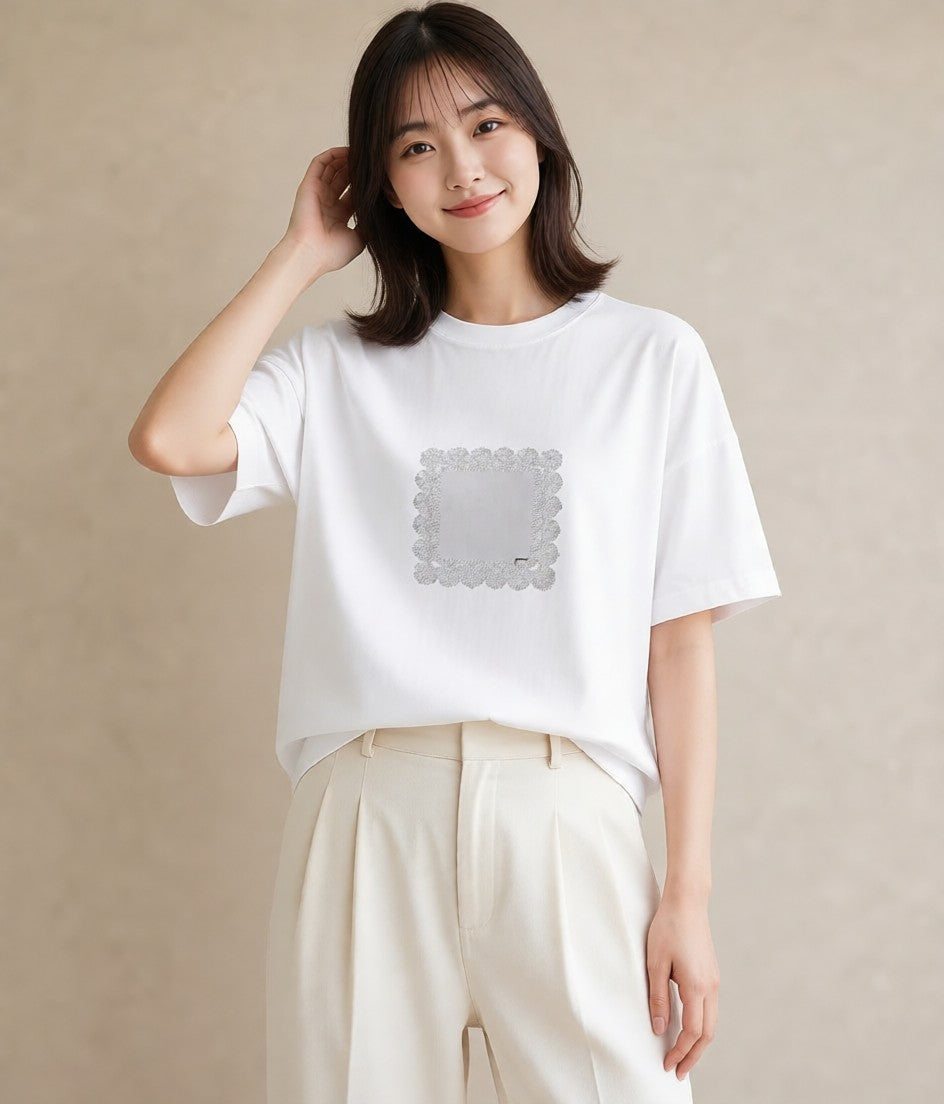 デザインTシャツ レディース レースハンカチ レース ハンカチ ナチュラル アンティーク イラスト お出かけ 普段着 白T YMAZO
