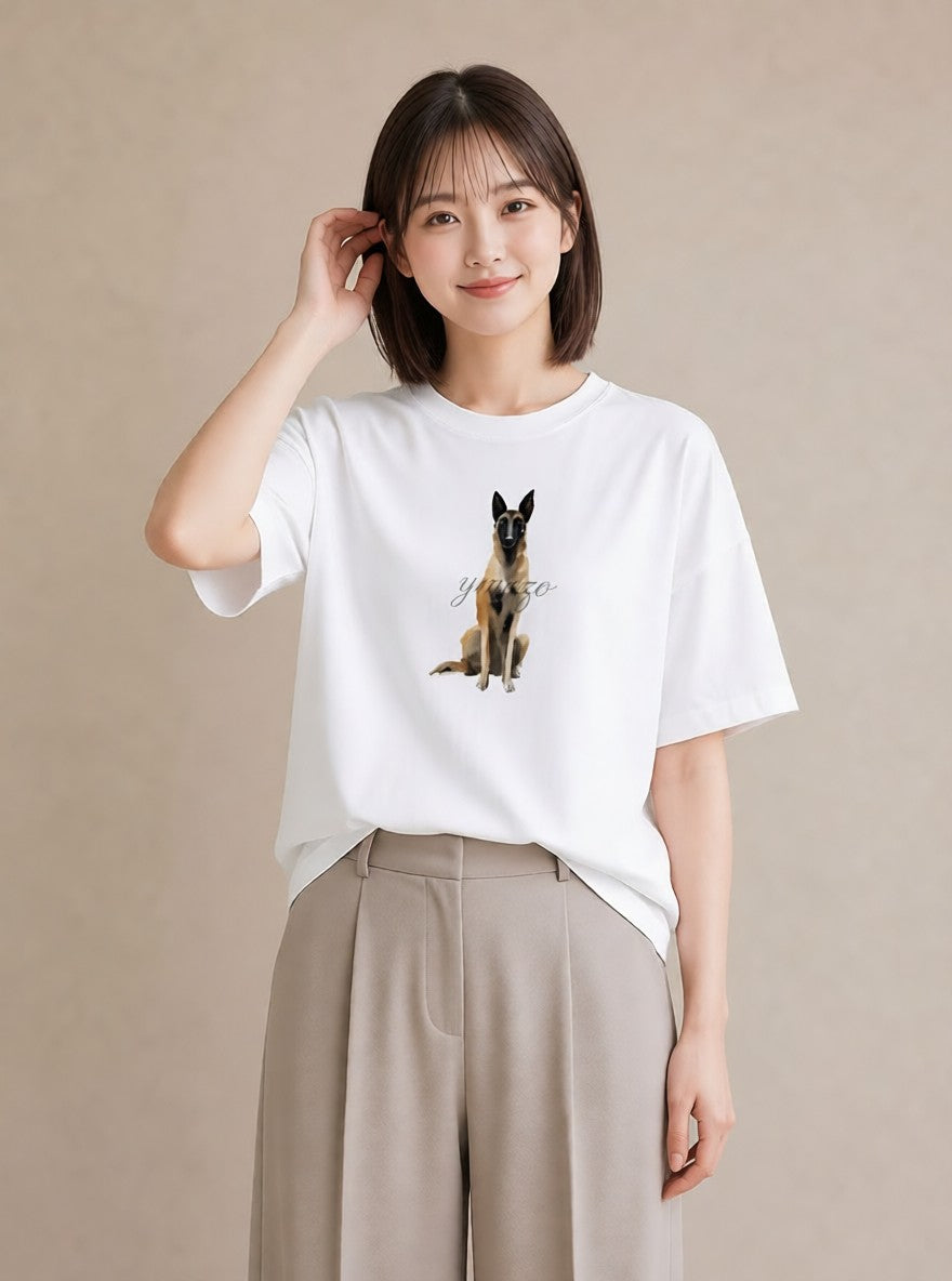 デザインTシャツ レディース ジャーマンシェパード 犬 いぬ イラスト 北欧風 カフェ巡り 女子会 白T YMAZO