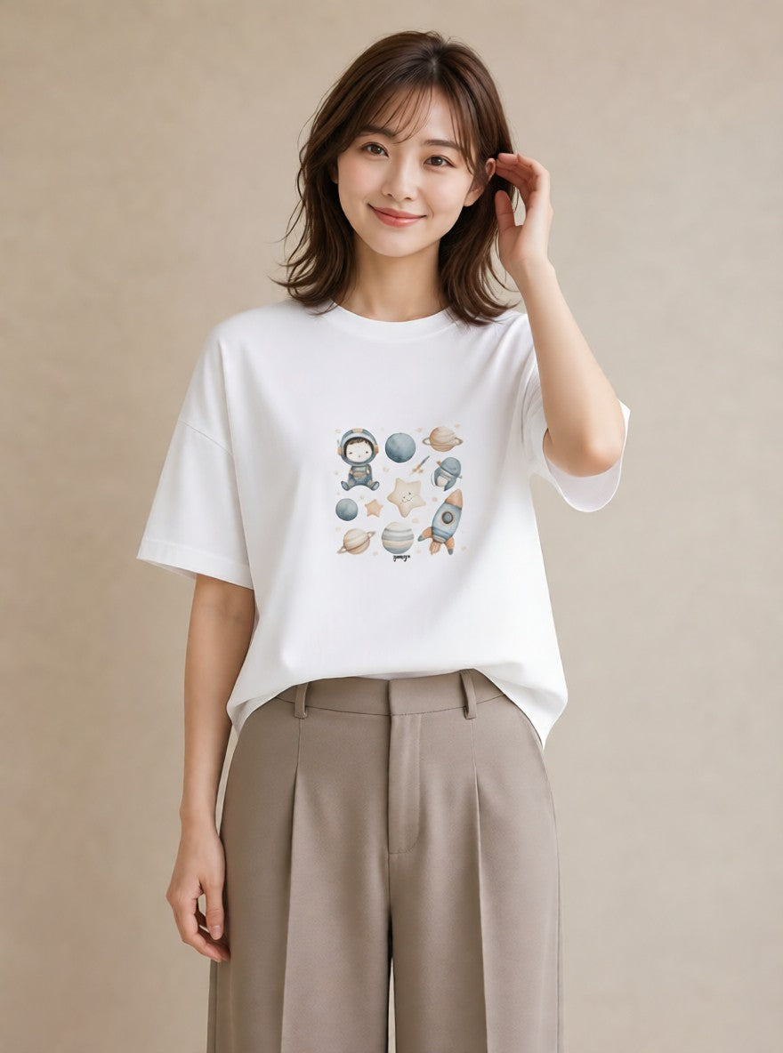 プリントTシャツ レディース プラネット 星空 宇宙 イラスト 韓国風 散歩 お出かけ 白T YMAZO