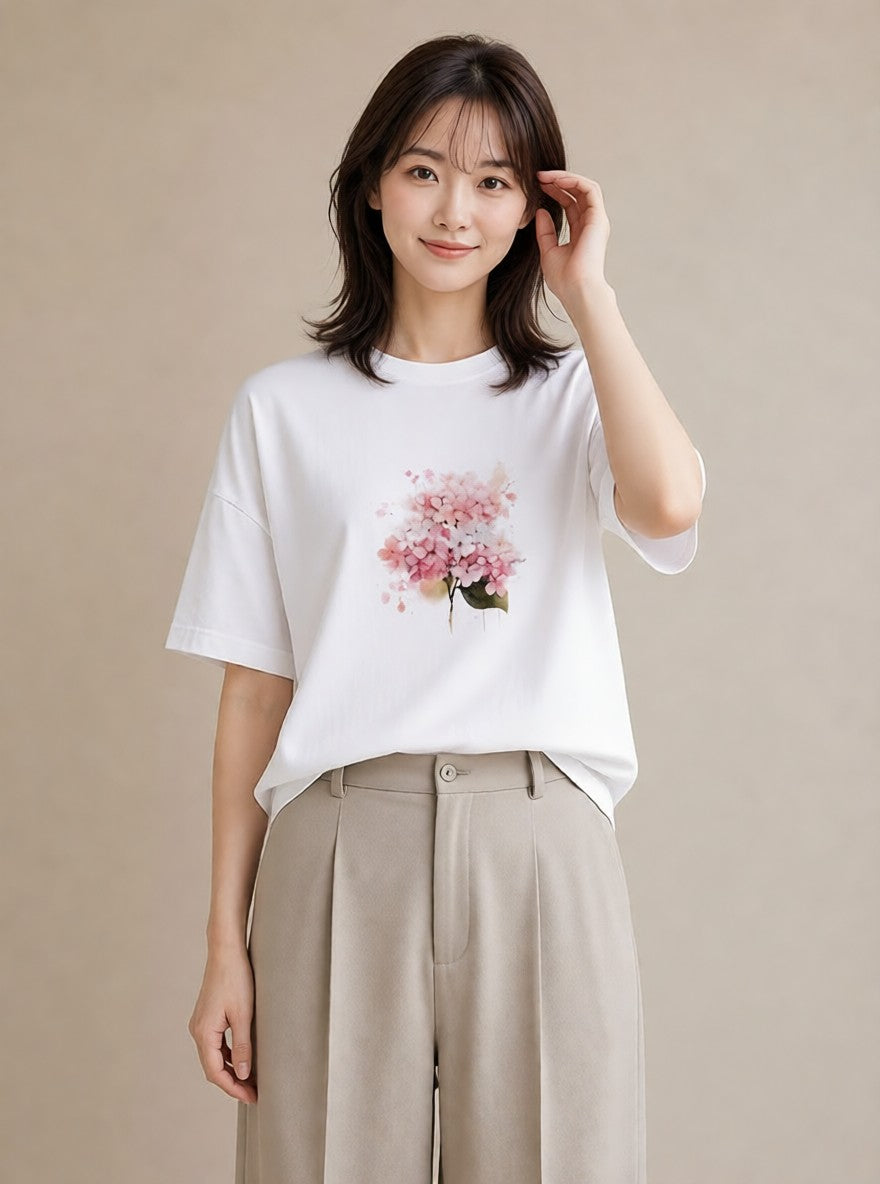 プリントTシャツ レディース あじさい 紫陽花 アジサイ 花 花柄 イラスト ラフ 秋コーデ おしゃれギフト 白T