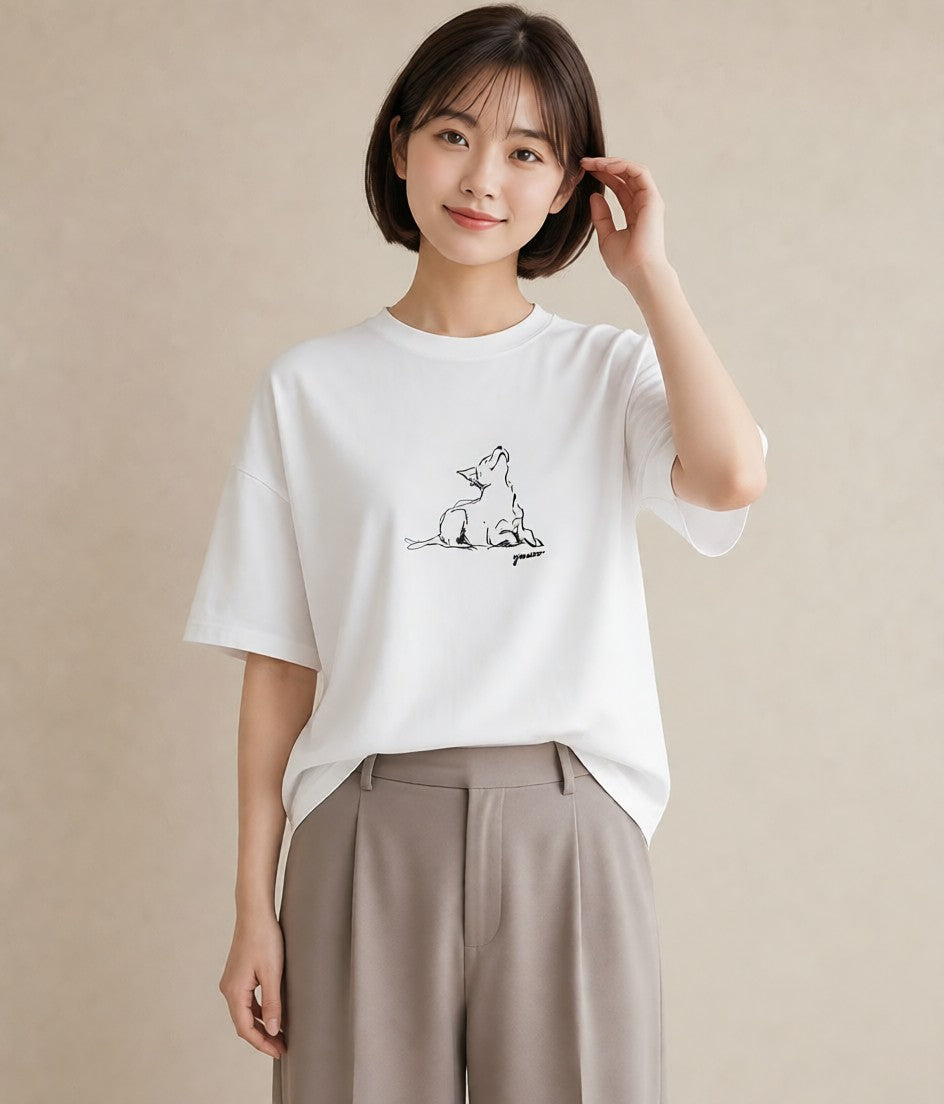 半袖Tシャツ レディース 犬 いぬ わんこ イラスト シック 買い物 夏コーデ 白T YMAZO