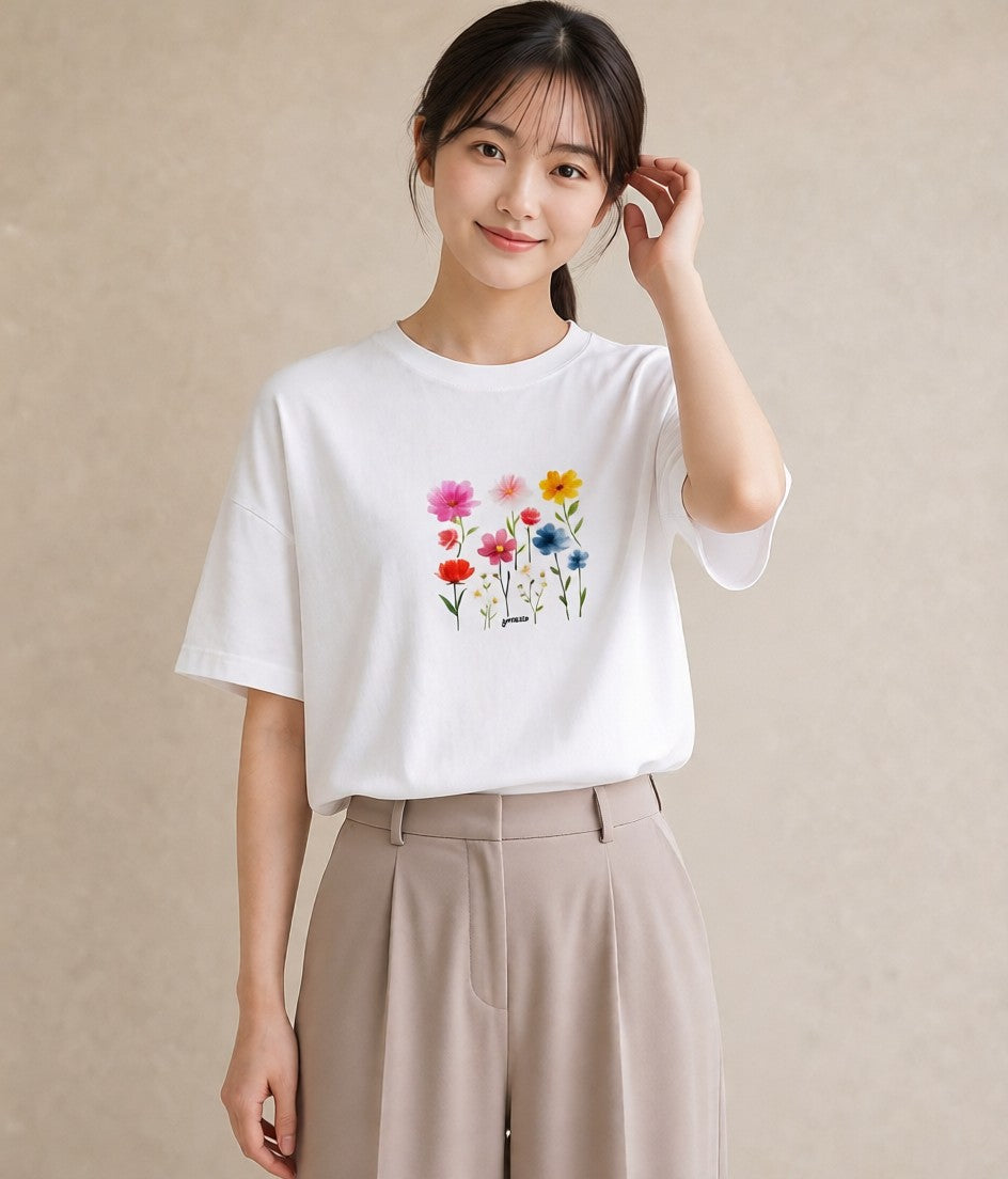 プリントTシャツ レディース コスモス 秋桜 花 花柄 イラスト ニュアンス レイヤード 友達ギフト 白T YMAZO