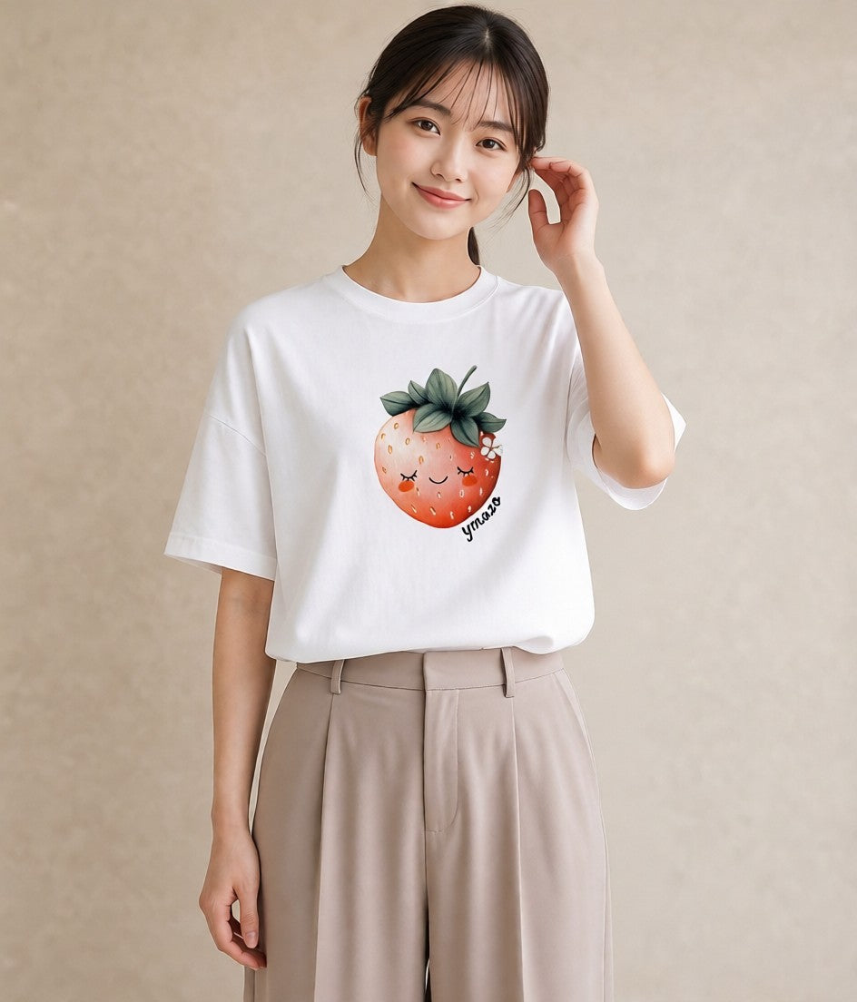 グラフィックTシャツ レディース いちご 苺 ストロベリー 食べ物 フード イラスト 淡色 レイヤード 友達ギフト 白T YMAZO