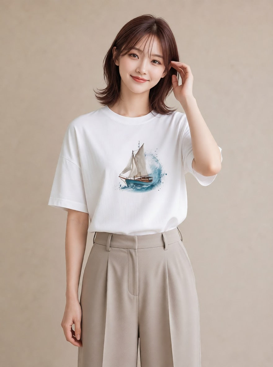 グラフィックTシャツ レディース 紙の船 水辺 ナチュラル アンティーク イラスト フェミニン ラフ レイヤード 白T YMAZO
