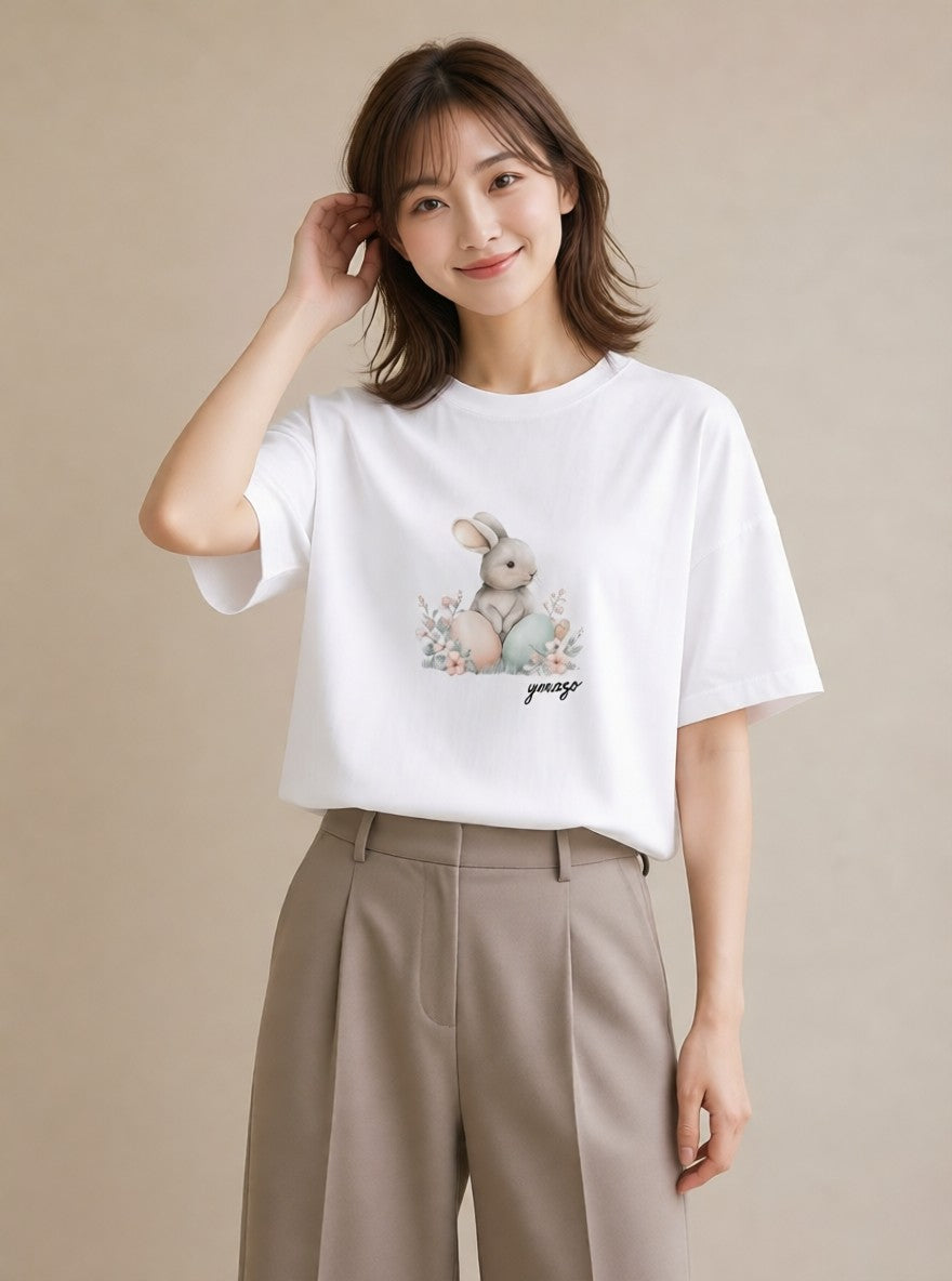 デザインTシャツ レディース ウサギ系野生 動物 アニマル イラスト シンプル お揃い 親子 白T YMAZO