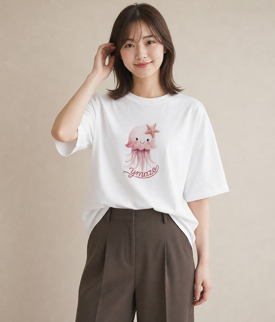 デザインTシャツ レディース イカ 海の生き物 海 イラスト ミニマル 旅行 母娘コーデ 白T YMAZO