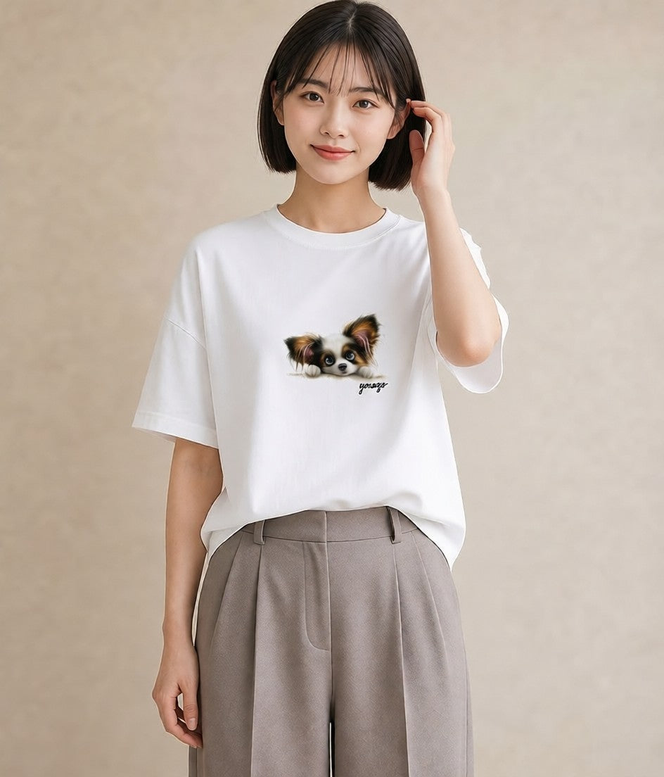 グラフィックTシャツ レディース パピヨン 犬 いぬ イラスト きれいめ ミセス 春コーデ 白T YMAZO