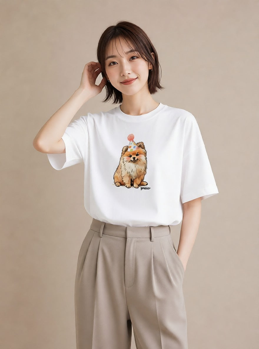 デザインTシャツ レディース ポメラニアン ポメ 犬 いぬ イラスト 手描き風 女子会 お揃い 白T YMAZO
