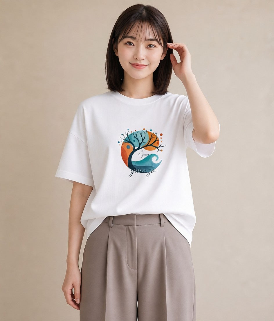 プリントTシャツ レディース 青の水彩 風景 ブルー ナチュラル アンティーク イラスト 線画 姉妹 送別ギフト 白T YMAZO