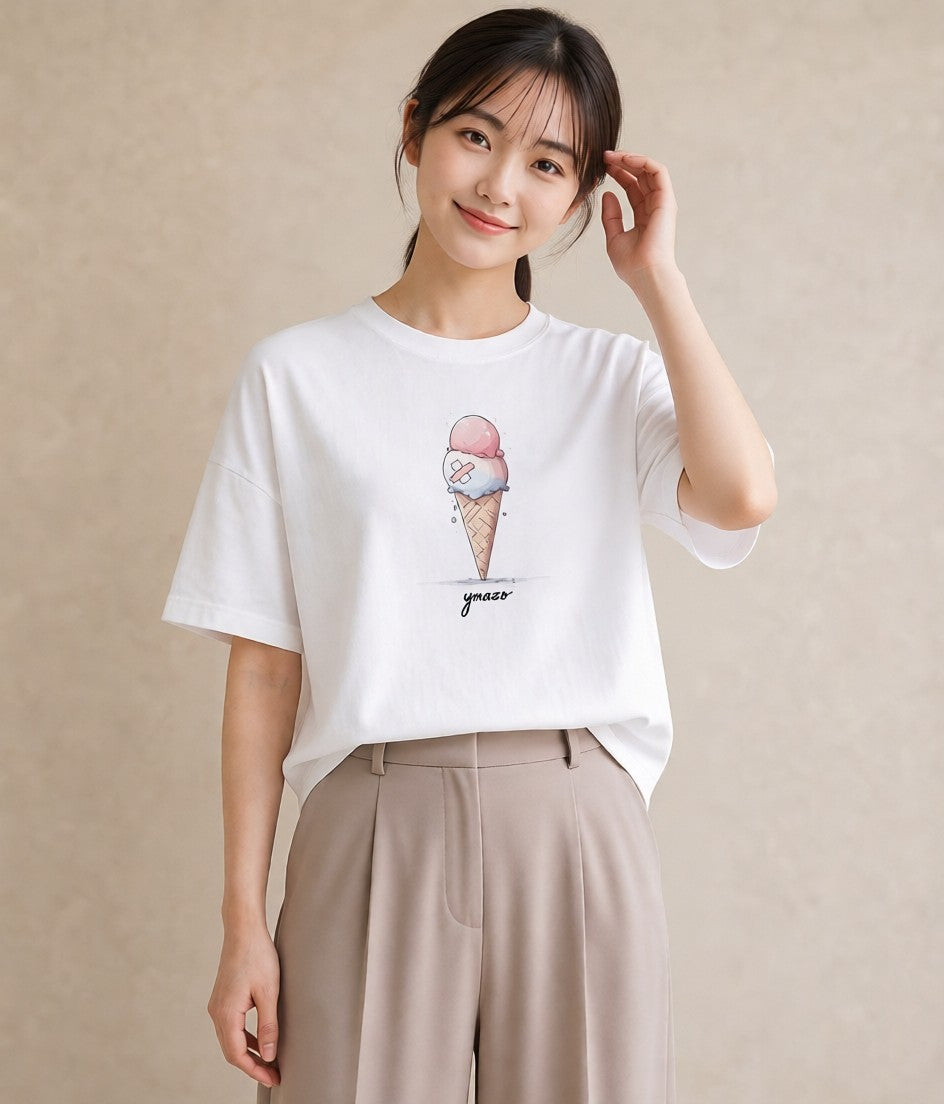 デザインTシャツ レディース アイス 食べ物 フード イラスト ナチュラル カフェ服 クリスマス 白T YMAZO