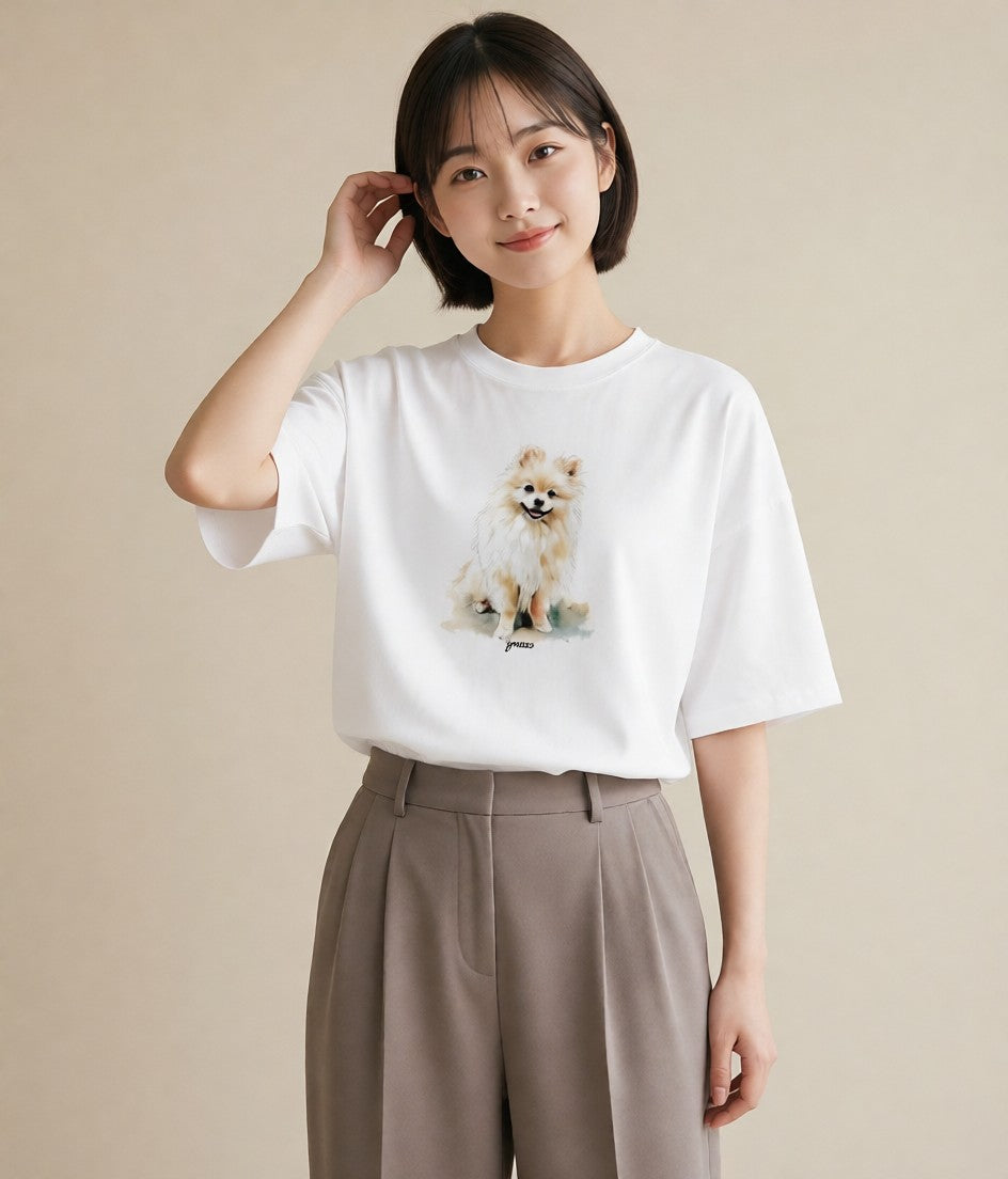 デザインTシャツ レディース ポメラニアン ポメ 犬 いぬ イラスト 韓国風 デイリーウェア 休日 白T YMAZO