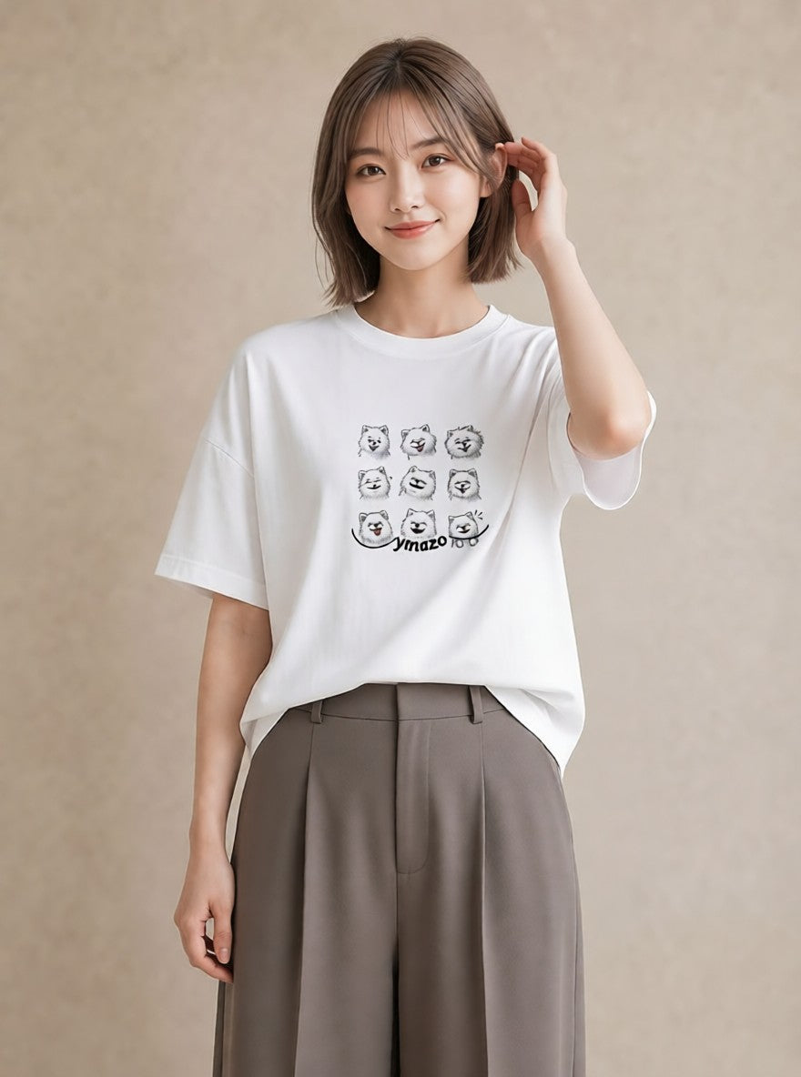グラフィックTシャツ レディース ポメラニアン ポメ 犬 いぬ イラスト 抜け感 レイヤード 友達ギフト 白T YMAZO
