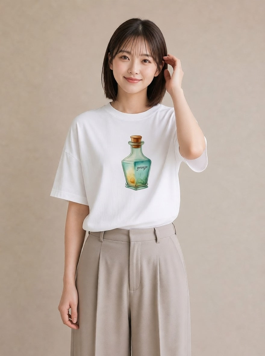 グラフィックTシャツ レディース ガラス瓶 小枝 ボタニカル ナチュラル アンティーク イラスト きれいめ レイヤード 友達ギフト 白T YMAZO
