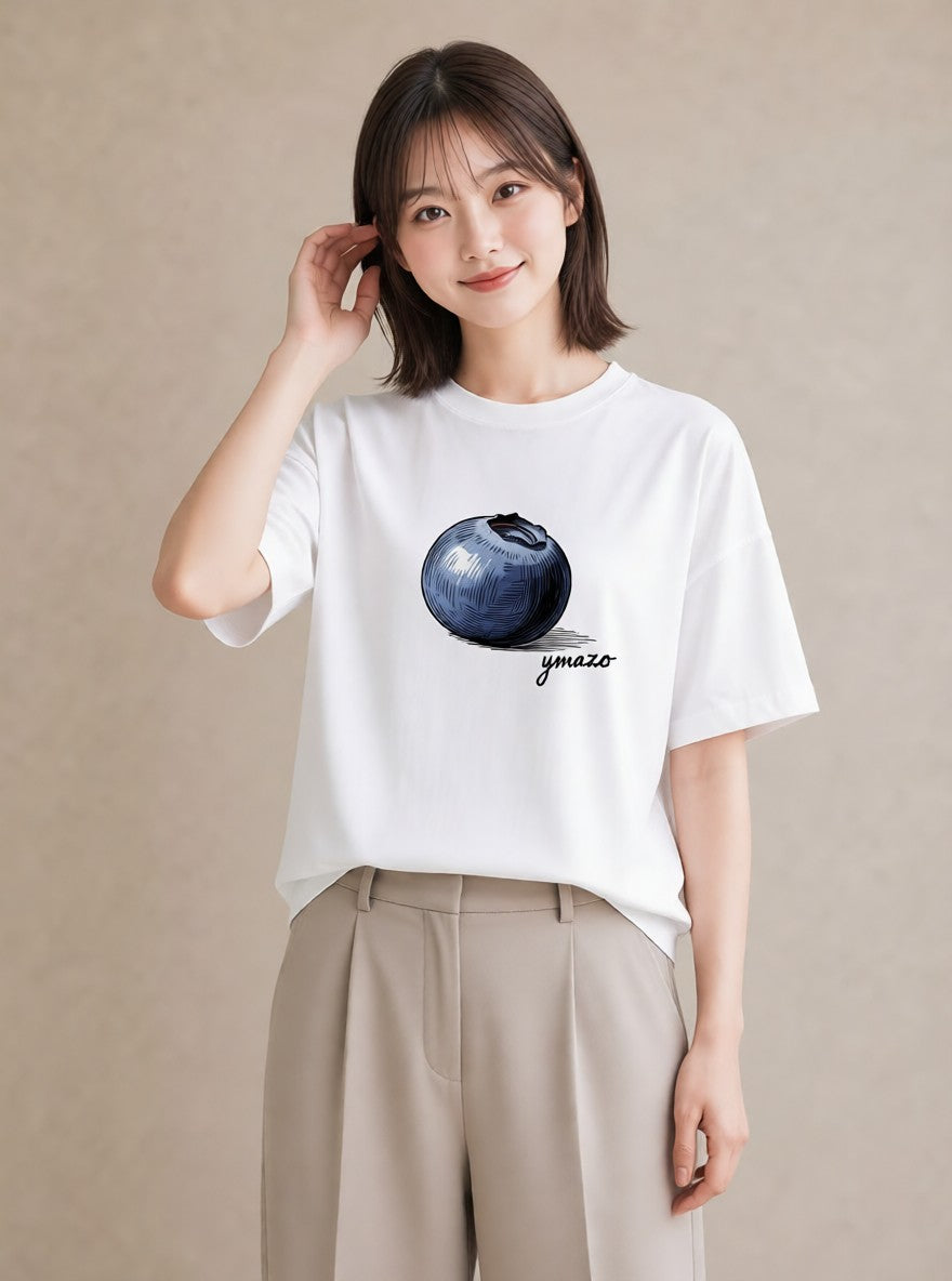 デザインTシャツ レディース ブルーベリー 食べ物 フード イラスト 可愛い 買い物 夏コーデ 白T YMAZO