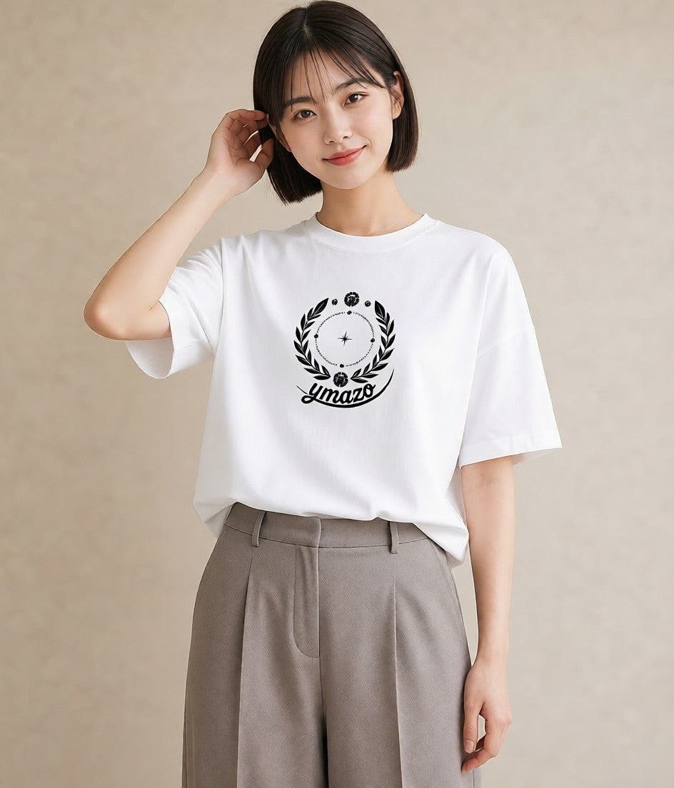 プリントTシャツ レディース パールピアス アクセサリー ナチュラル アンティーク イラスト 線画 旅行 母娘コーデ 白T YMAZO