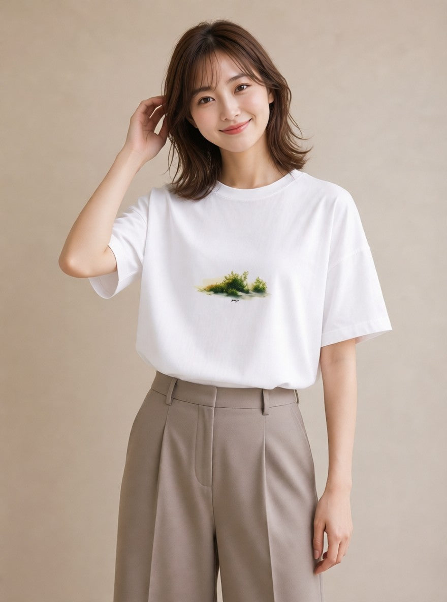 プリントTシャツ レディース 小川 橋 せせらぎ ナチュラル アンティーク イラスト 普段使い 海 カフェ巡り 白T YMAZO