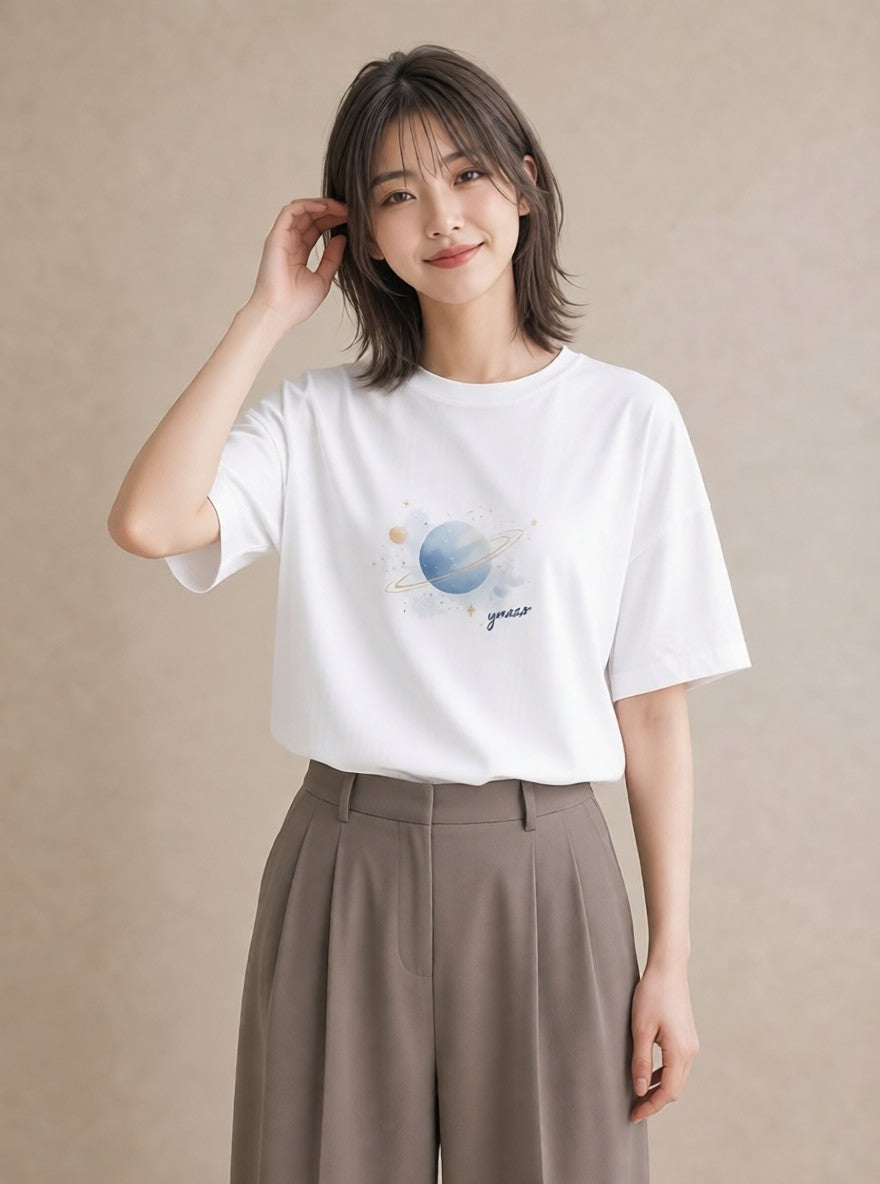 Tシャツ レディース 乙女座 星空 宇宙 イラスト シンプル 海 カフェ巡り 白T YMAZO