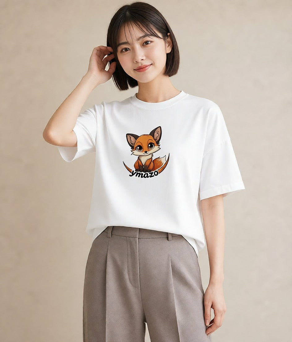 プリントTシャツ レディース きつね 動物 アニマル イラスト カジュアル 買い物 夏コーデ 白T YMAZO