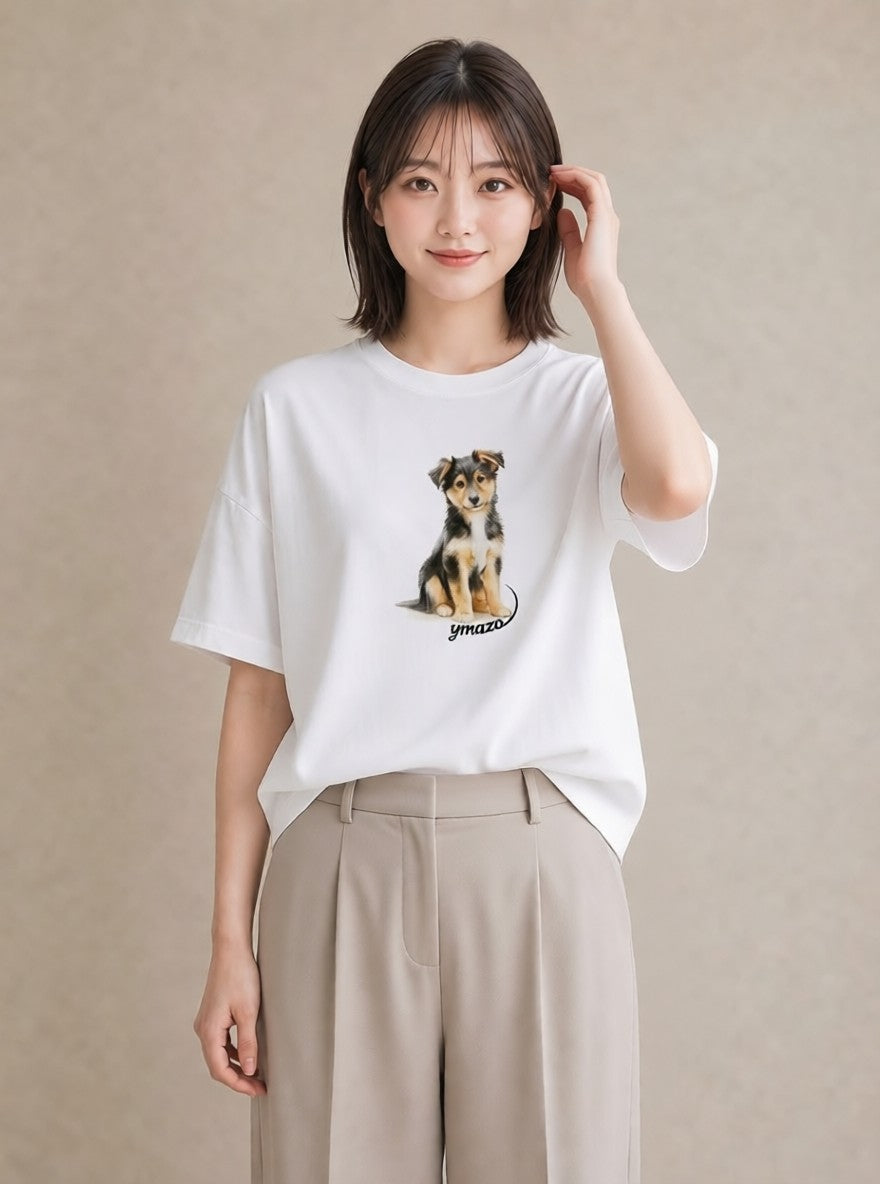 半袖Tシャツ レディース 犬好き 犬 いぬ イラスト ラフ 旅行用 海 白T YMAZO