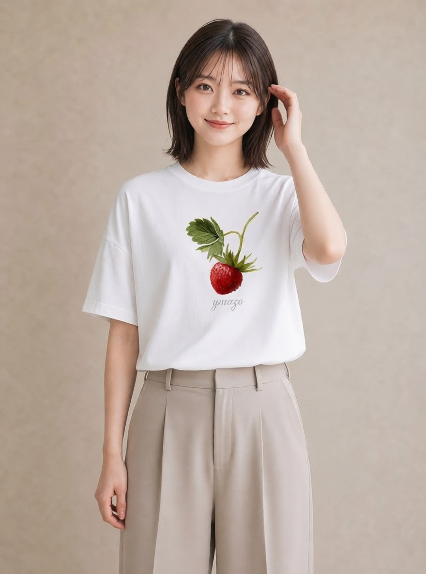 半袖Tシャツ レディース いちご 苺 ストロベリー 食べ物 フード イラスト 韓国風 春服 ミセス 白T YMAZO