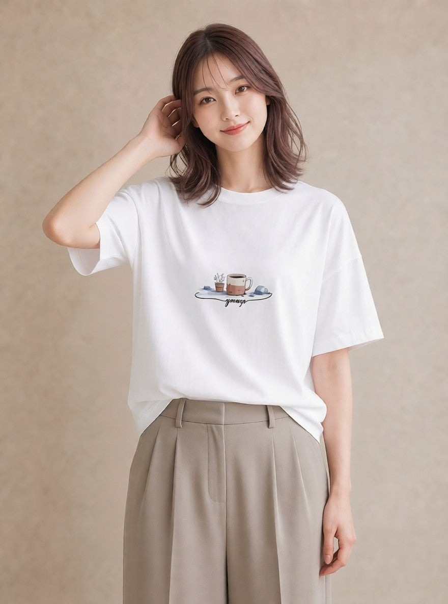 Tシャツ レディース エスプレッソ 食べ物 フード イラスト ヴィンテージ風 春服 ミセス 白T YMAZO