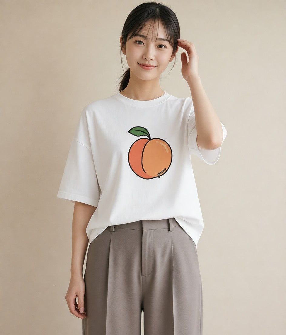 デザインTシャツ レディース もも 食べ物 フード イラスト 韓国風 週末コーデ 敬老の日 白T YMAZO