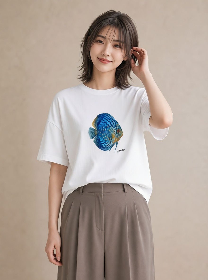 Tシャツ レディース 熱帯魚 ペット 動物 イラスト 上品 ラフ レイヤード 白T YMAZO