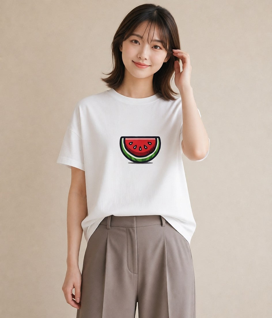 半袖Tシャツ レディース すいか 食べ物 フード イラスト 淡色 ギフト 母の日 白T YMAZO