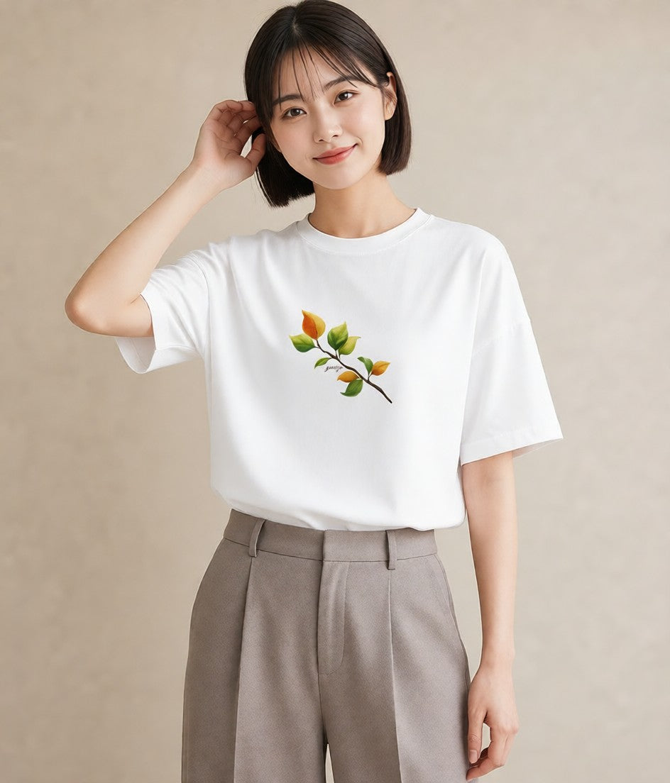 グラフィックTシャツ レディース 落ち葉 植物 ボタニカル イラスト シック 20代 カジュアルコーデ 白T YMAZO