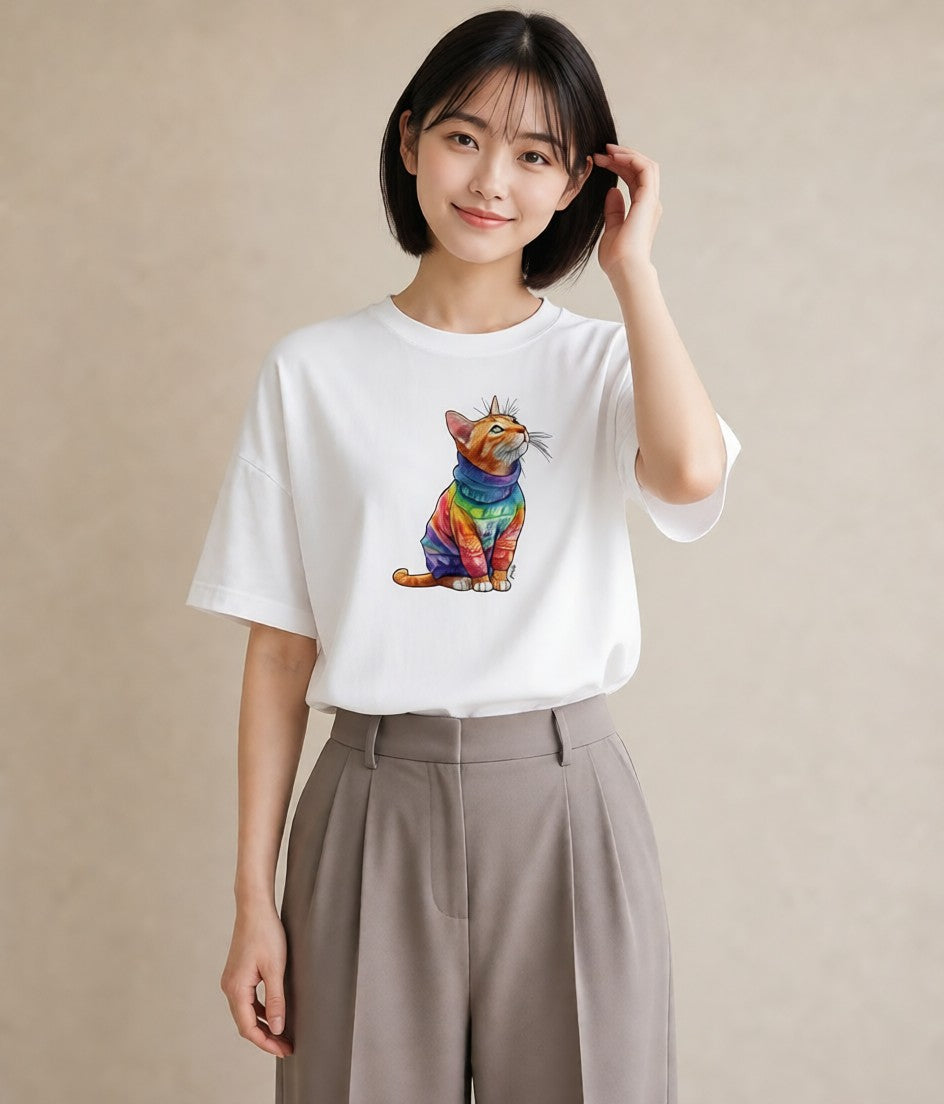 デザインTシャツ レディース アビシニアン 猫 ねこ イラスト 手描き風 お揃い 親子 白T YMAZO