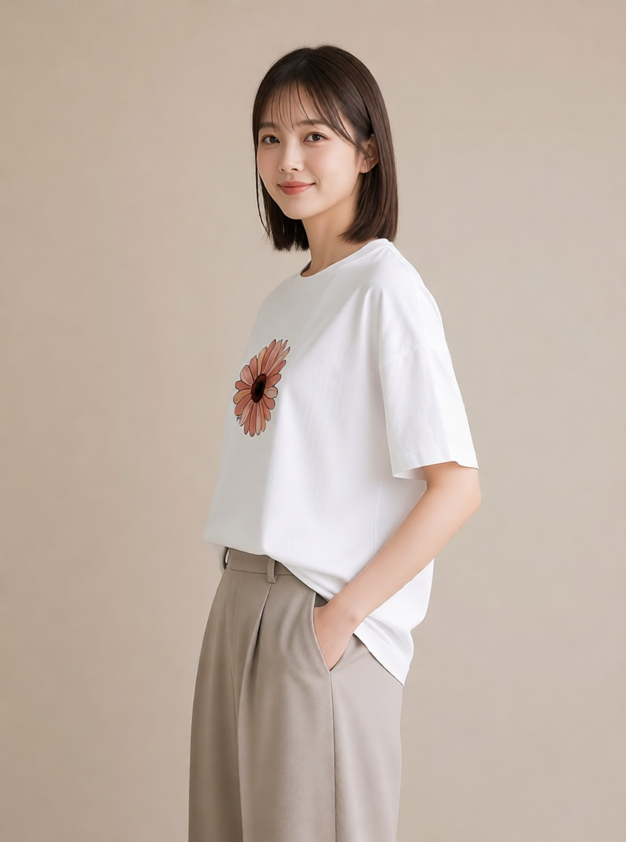 Tシャツ レディース ひまわり 向日葵 花 花柄 イラスト 帰省 ラフ 白T YMAZO