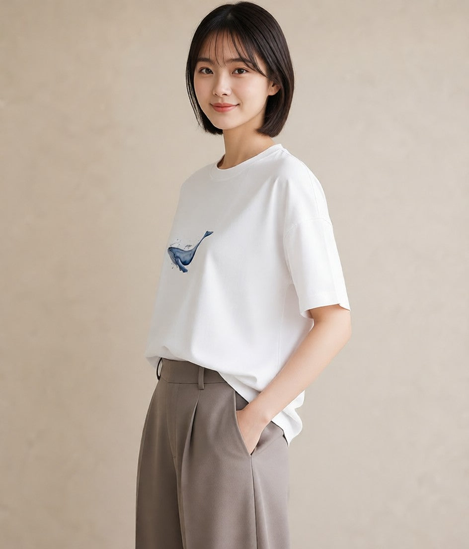 プリントTシャツ レディース クジラ 海の生き物 海 イラスト ナチュラル 休日 ペアコーデ 白T YMAZO
