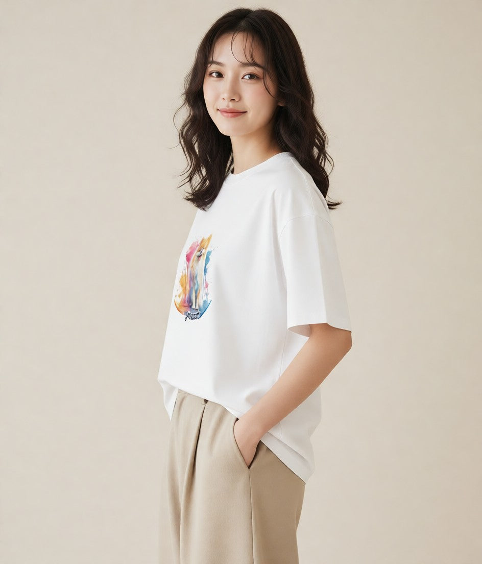 デザインTシャツ レディース ポメラニアン ポメ 犬 いぬ イラスト アート風 友達ギフト 部屋着 白T YMAZO