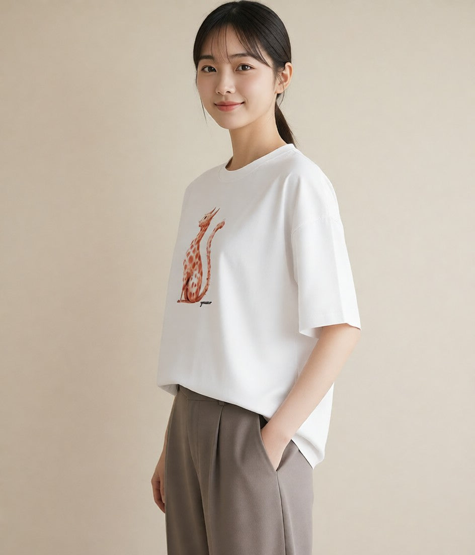 グラフィックTシャツ レディース 茶トラ 茶猫 猫 ねこ イラスト ガーリー 夏コーデ 通学 白T YMAZO