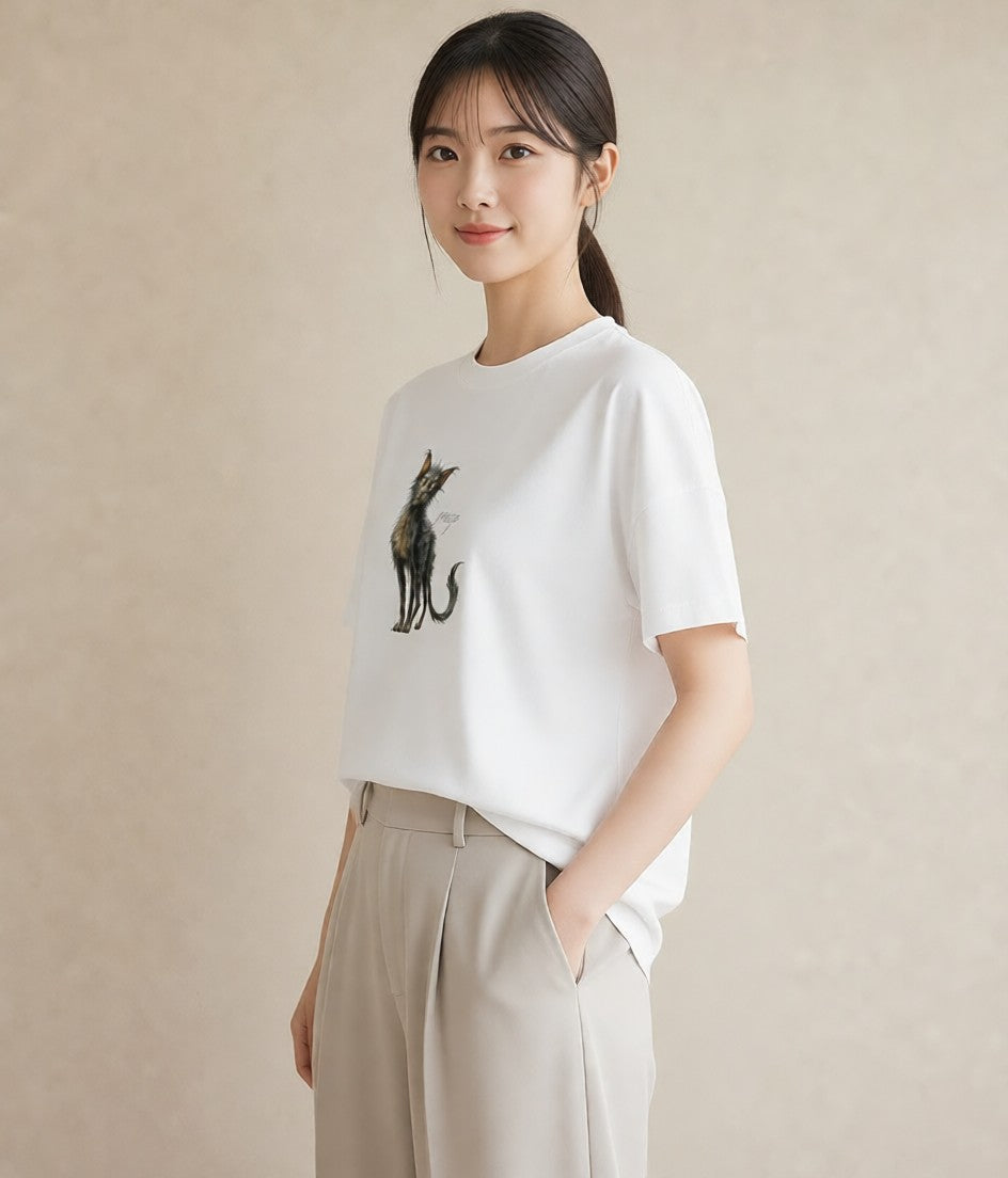 デザインTシャツ レディース ロシアンブルー 猫 ねこ イラスト 淡色 自分用 ルームウェア 白T YMAZO