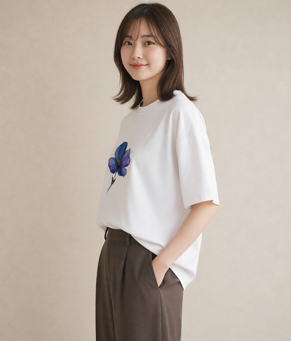 グラフィックTシャツ レディース スミレ 花 花柄 イラスト ラフカジュアル 部屋着 女性向けギフト 白T