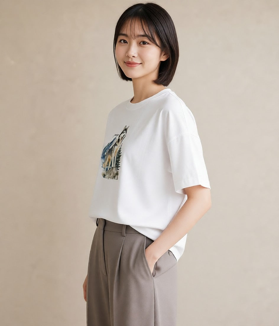 グラフィックTシャツ レディース シベリアンハスキー 犬 いぬ イラスト 線画 女性向けギフト 散歩 白T YMAZO