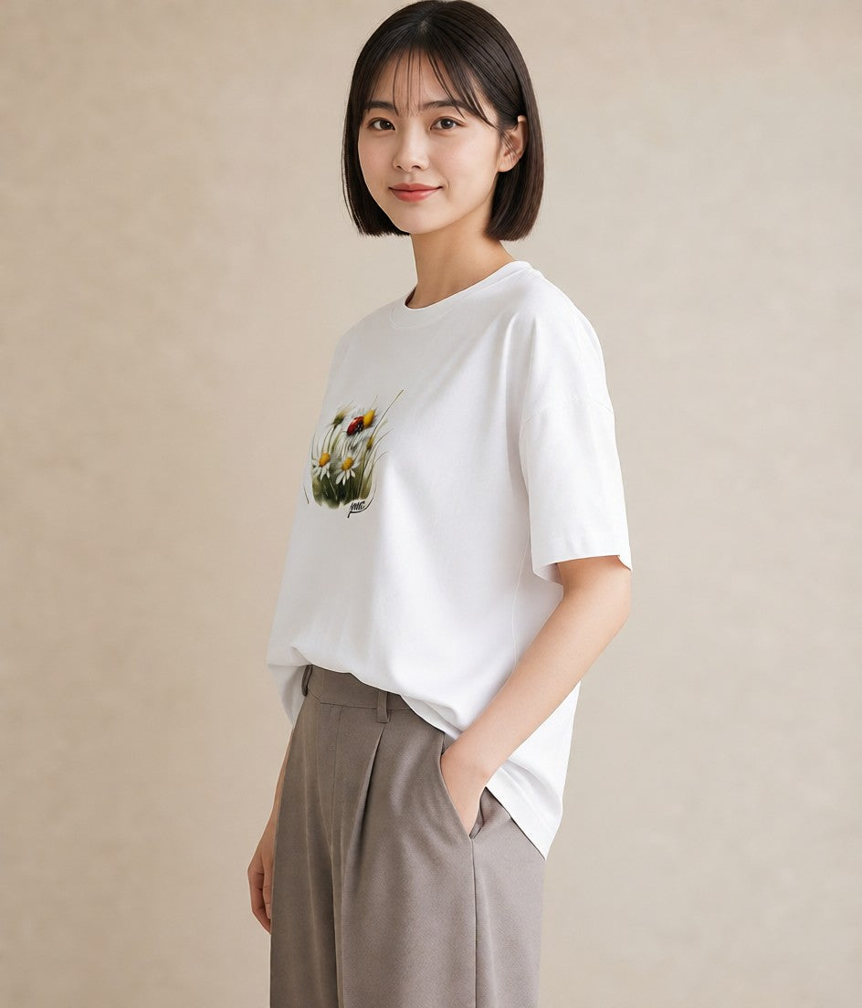 Tシャツ レディース てんとう虫 昆虫 虫 イラスト シンプル ラフ レイヤード 白T YMAZO