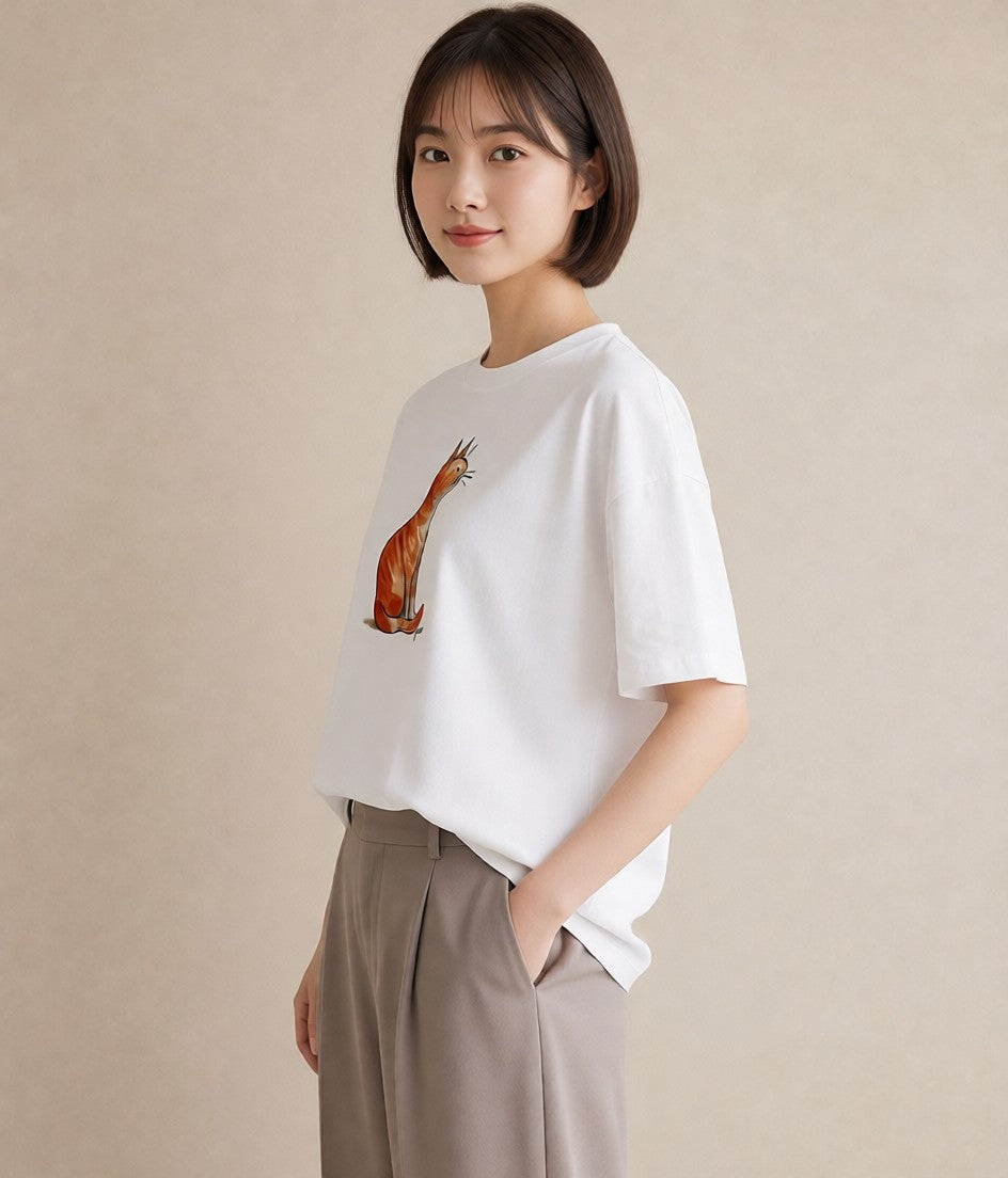 グラフィックTシャツ レディース 猫好き 猫 ねこ イラスト 韓国風 休日 ペアコーデ 白T YMAZO